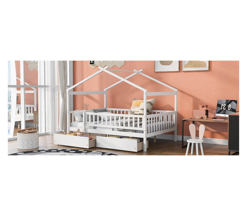 Lit double pleine grandeur en bois avec deux tiroirs de rangement - Base de lit plateforme en pin massif blanc pour enfants avec tête de lit