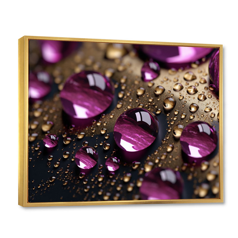 Mauve rose avec des gouttes de pluie sur toile, H 16 po x l 32 po x P 1 po, Cadre flottant doré