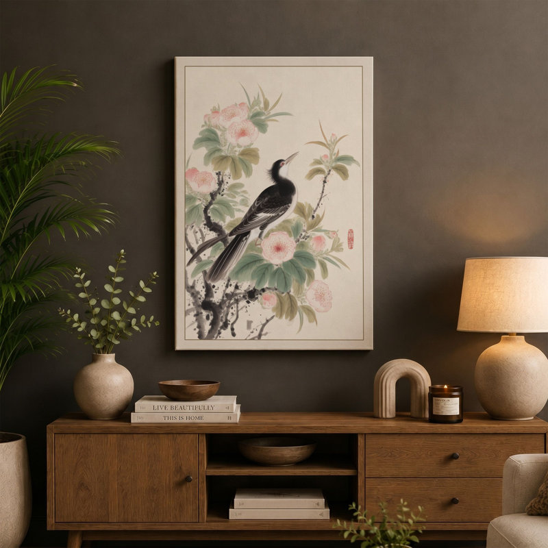 Bird Among Blossoms Japandi - Wrapped Canvas, 24x16 - 61.0 x 40.6 cm, Black Border