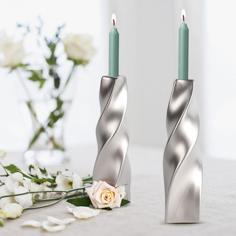 Porte-bougie en céramique 11 po H Curvy , Argent