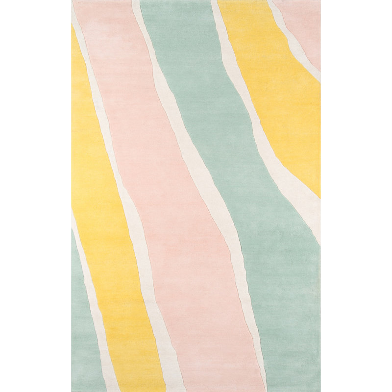 Tapis jaune / vert / rose en laine touffeté à la main Delmar, Rectangle 3 pi 6 po x 5 pi 6 po