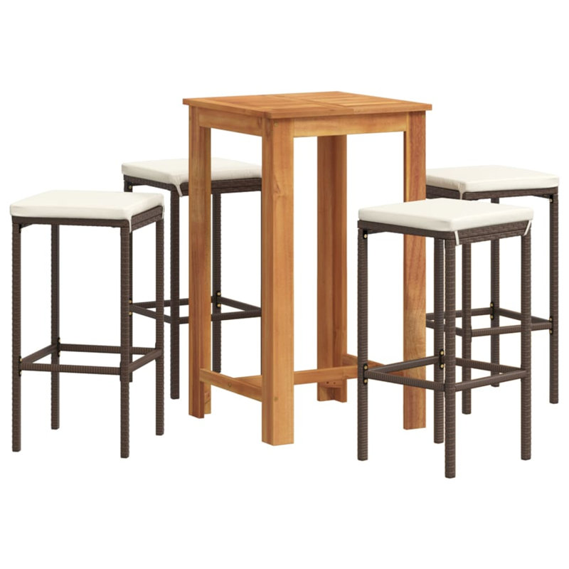 Ensemble de bar de patio 5 pièces Wildon Home® en bois massif noir d'acacia et de rotin poly, Brun, Blanc