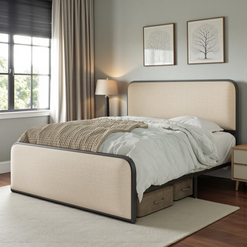 Upholstered Platform Bed, Queen, Beige/Black