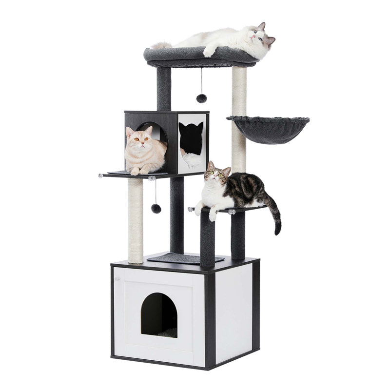 Arbre à chat 56,7 po avec grand bac à litière, maisonnette confortable pour chat, poteau à griffes et boules suspendues remplaçables
