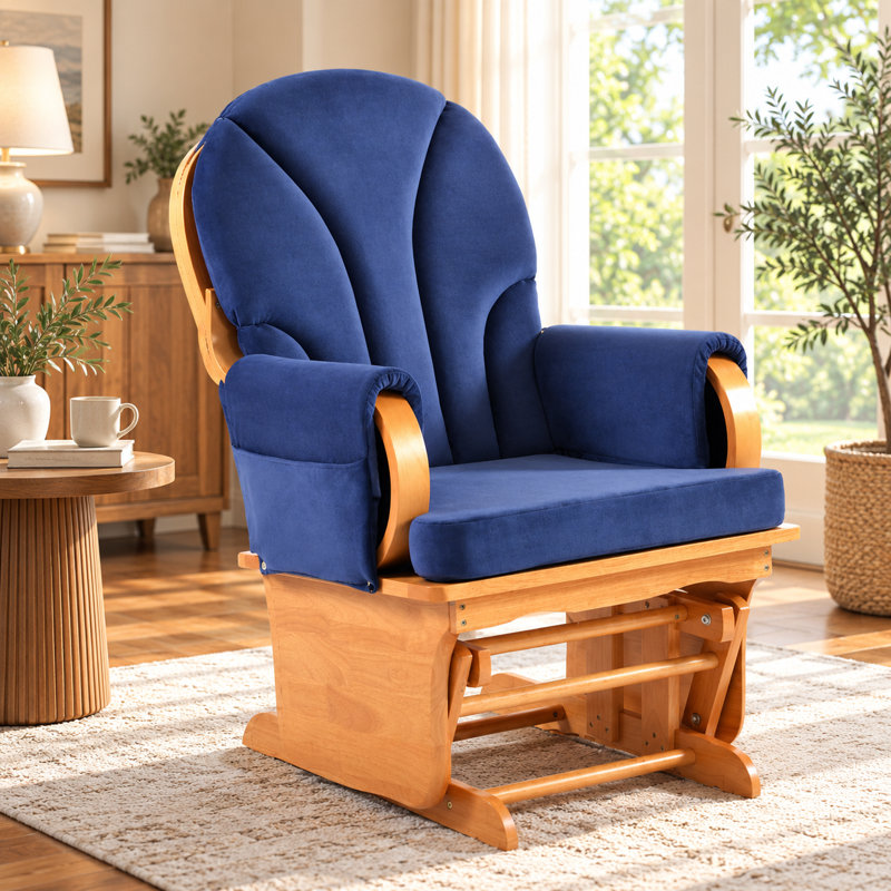 Fauteuil à bascule rembourré avec base en bois de hêtre massif, dossier rembourré et poches de rangement, bleu/naturel