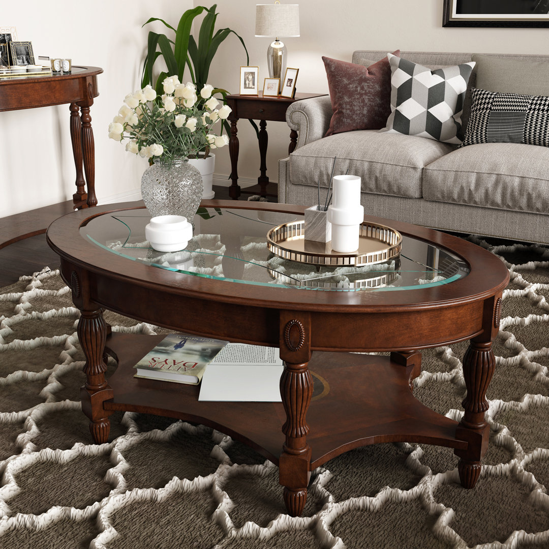 Elinar Traditional Oval Wood Coffee Table with Tempered Glass Top Alcott Hill®