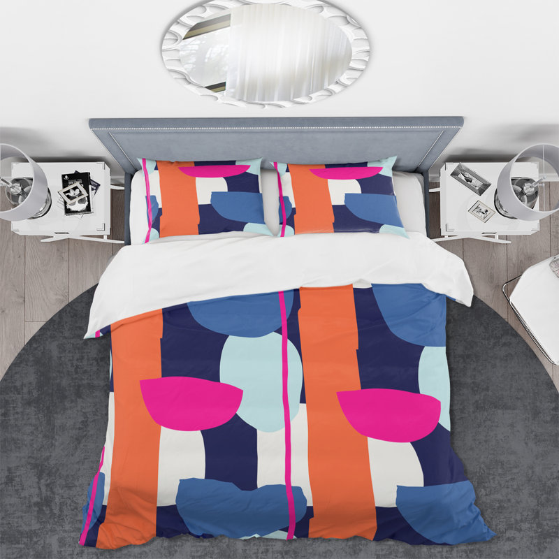 Orange orange, bleu et noir - Ensemble de housse de couette moderne Mid-Century - Microfibre de polyester