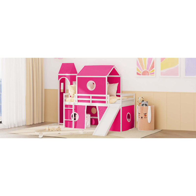 Lit mezzanine avec glissade et tour, Simple, Rose