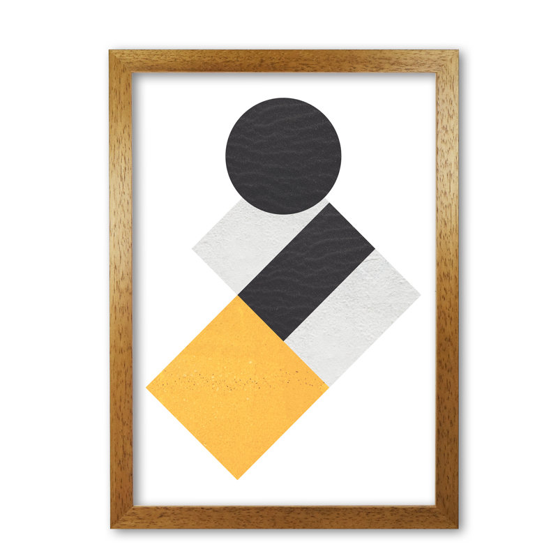 Yellow And Black Abstract Circles And Squares - Print, 30 cm H x 21 cm W x 5 cm D, Honey Oak Frame