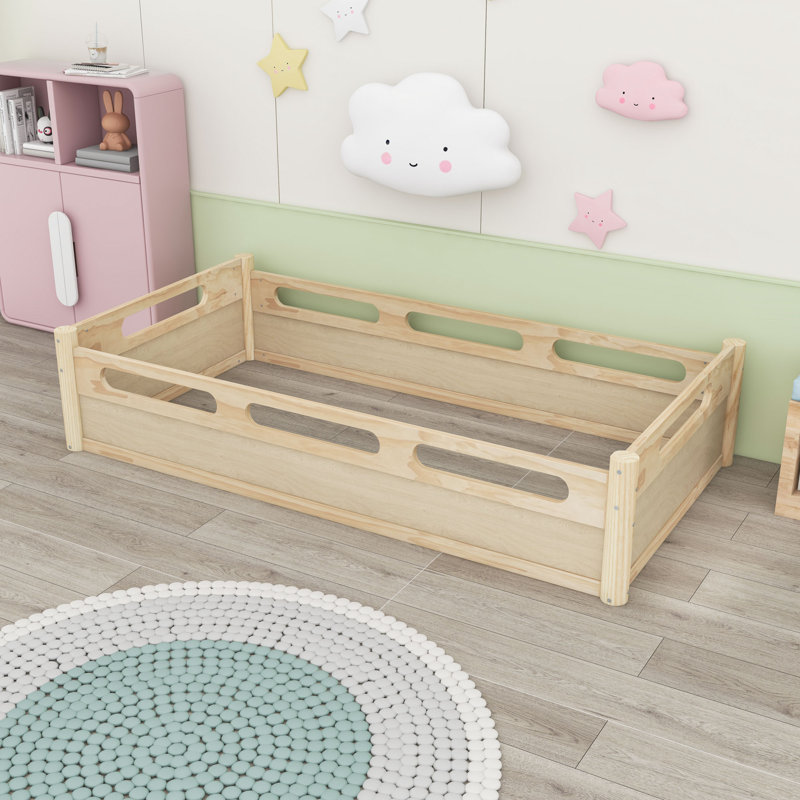 Floor Platform Bed with Guardrails, Natural, Twin