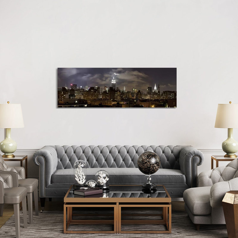 Buildings Lit Up At Night, Empire State Building, Manhattan - Wrapped Canvas Panoramic Print