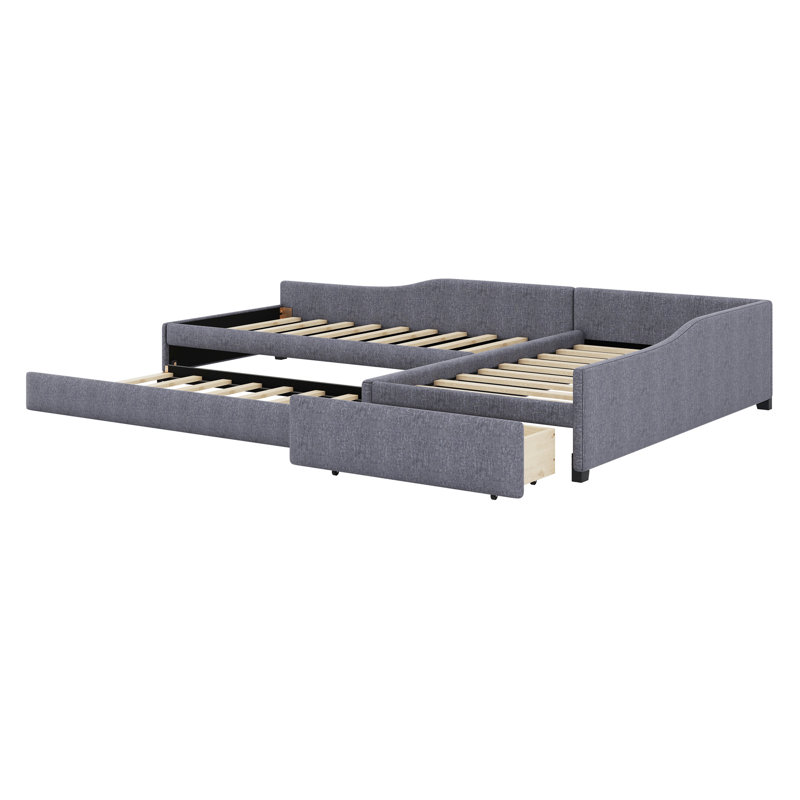 Upholstered Double Daybed With Trundle And Drawer, Gray