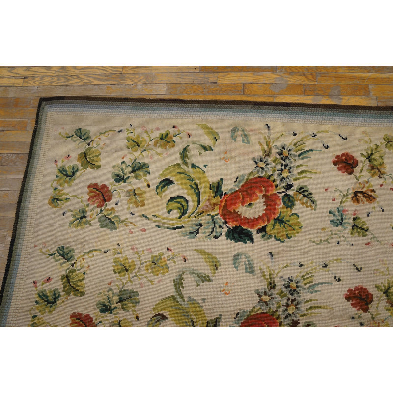 Antique Ivory European Floral Pattern English Victorian Needlepoint Carpet