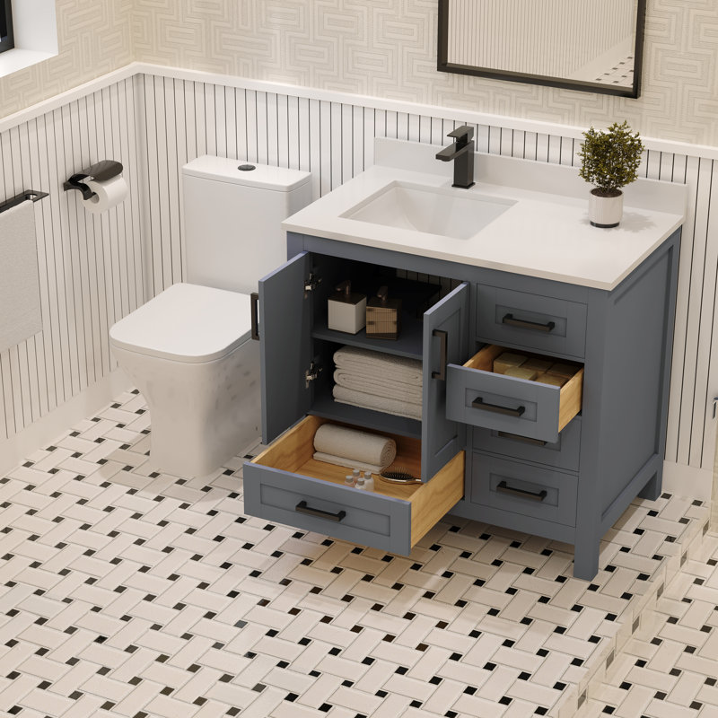 Meuble-lavabo simple 36 po avec plateau en quartz blanc Rooh, Gris, Noir mat