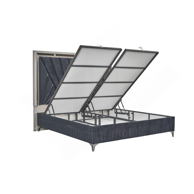 Grand lit tapissier contemporain avec rangement pratique et velours en tissu d'ameublement hydraulique gris minuit
