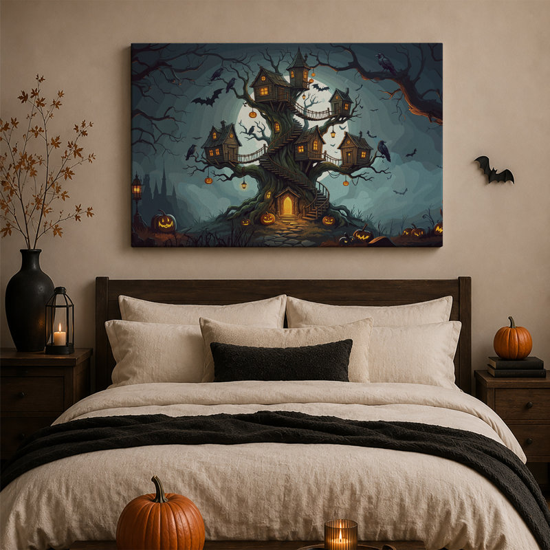 «Spooky Treehouse Village Night», art mural sur toile, H 16 po x l 24 po