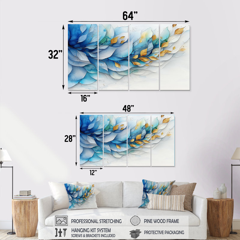 Bleu blanc délicat pétales de fleurs I - art mural fougères - décoration murale moderne, H 28 po x l 48 po, 4