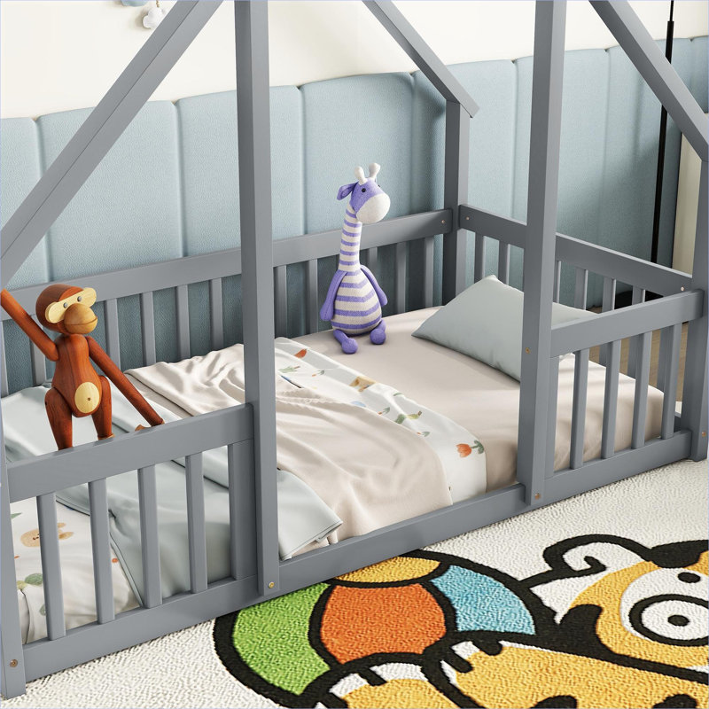 Kid’s bedroom: neutral gray solid pine house-shaped platform bed with fence and guardrails, fits twin size mattress for restful sleep and imaginative play