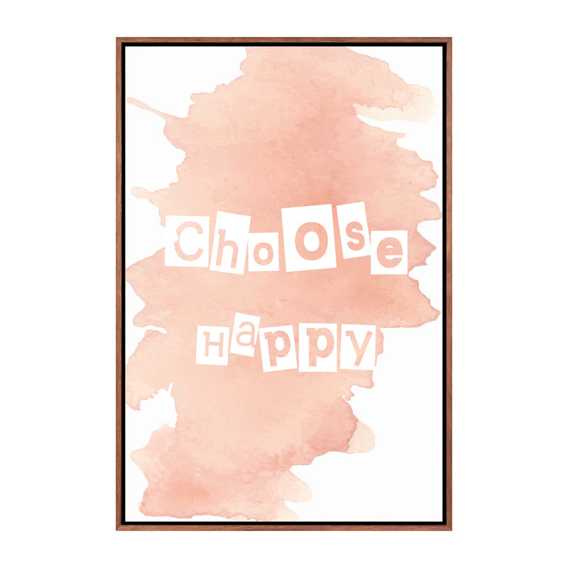 Choisir heureux - impression d'art textuel, H 26 po x l 18 po x 1,5 po, Toile avec cadre brun, Pas de tapis