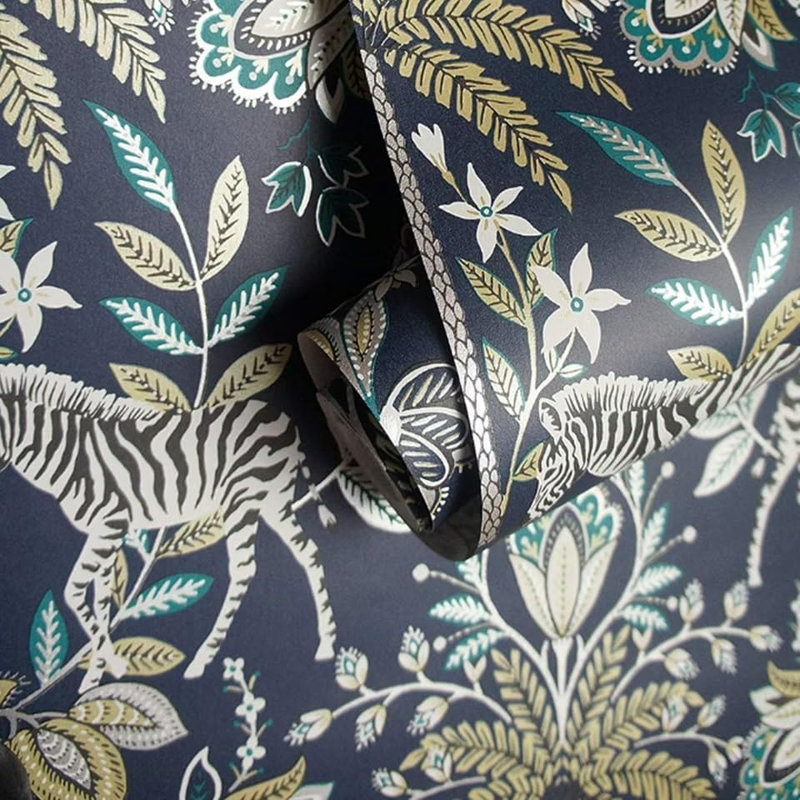 Ali Holden Etosha Navy Blue Floral Zebra Palm Trees Strippable 10m x 53cm Metallic Finish Wallpaper Roll