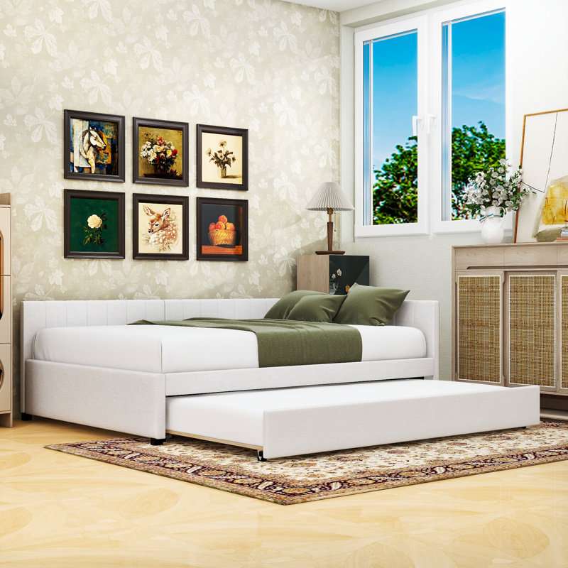 Lit de jour rembourré en lin avec lit gigogne simple, Beige, Double