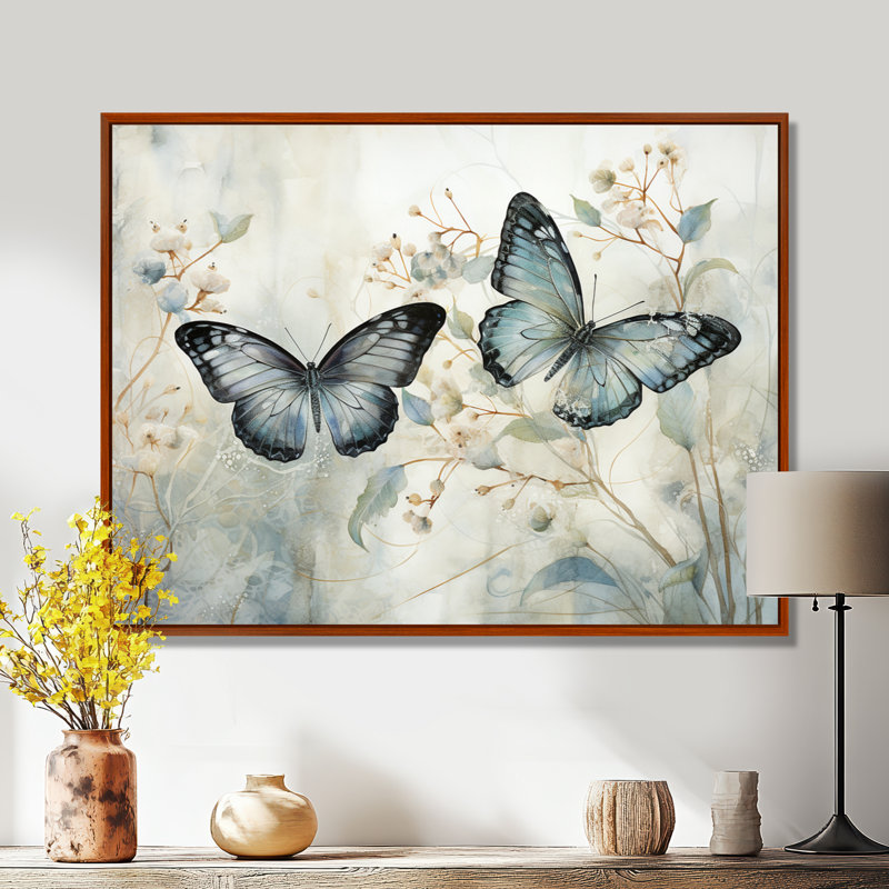 «Blue Beige Butterfly Wings Of Serenity», art sur toile papillon, Reproduction avec cadre flottant, H 16 po x l 32 po, Brun