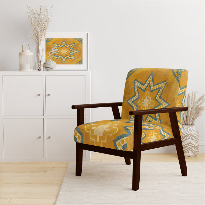 Gundry - Moroccan Orange Tiles Collage I - Upholstered Bohemian Chic Velvet Accent Arm Chair, Yellow/Blue, Brown