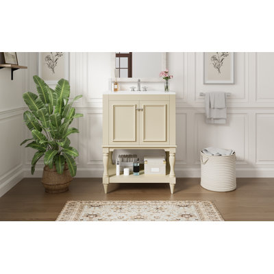 Meuble-lavabo de luxe moderne 24 po avec lavabo en céramique, armoire de salle de bain avec tablette ouverte et rangement fermé