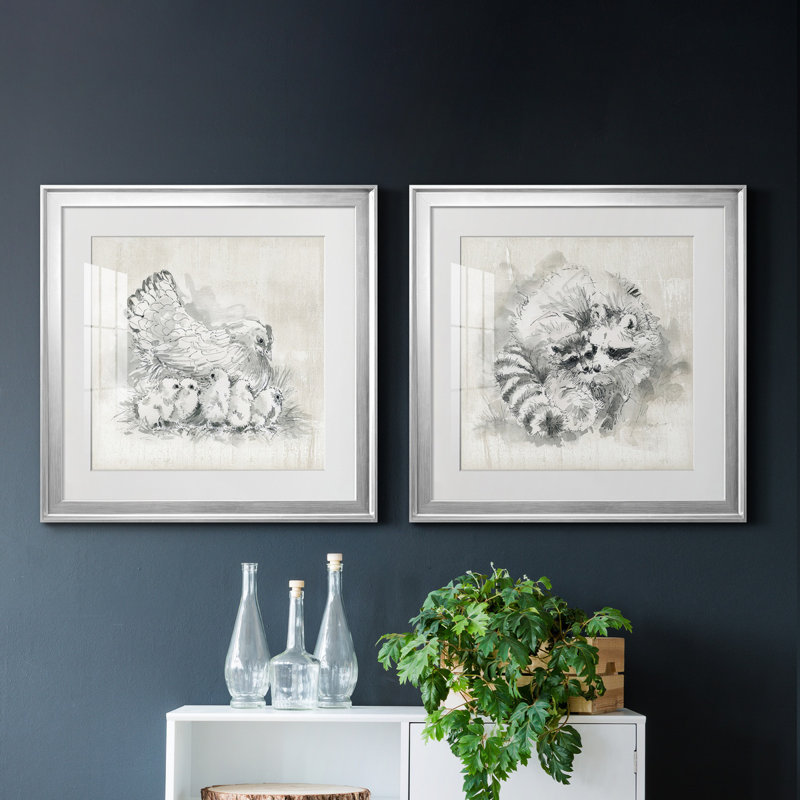 Poule et poussins - ensemble de 2 reproductions d'art, H 22,5 po x l 45 po x P 1,5 po, Papier avec cadre argenté, Blanc
