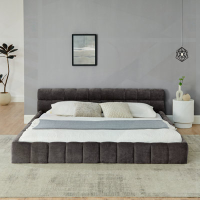 Très grande base de lit tapissier avec tissu en chenille épais, aucun sommier nécessaire, conception moderne avec tête de lit et structure solide