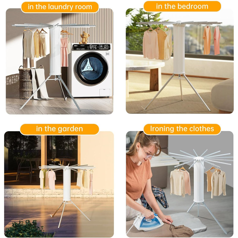Tripod Clothes Drying Rack - Foldable, Space-Saving With 16 Rods, 3.94" H x 4.72" W x 5.91" D, White