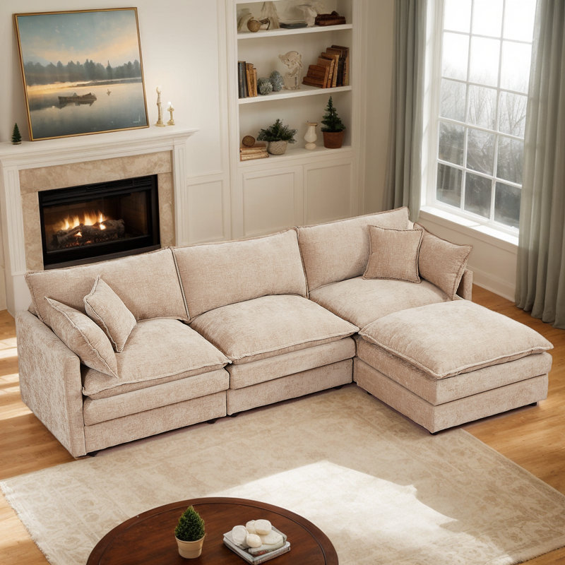 Eyisean 102" Chenille Modular Sectional Sofa with Ottoman, 3-Seater L Shape Cloud Couch with Upholstered & Pillow, Comfy Sleeper Sofa for Living Room, Bedroom, Office, Apartment, Easy Assembly
