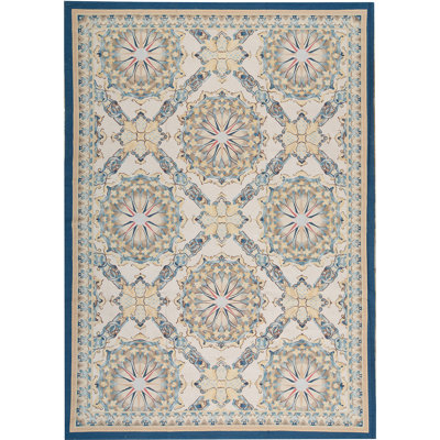 Hand-Knotted High-Quality Ivory and Navy Area Rug