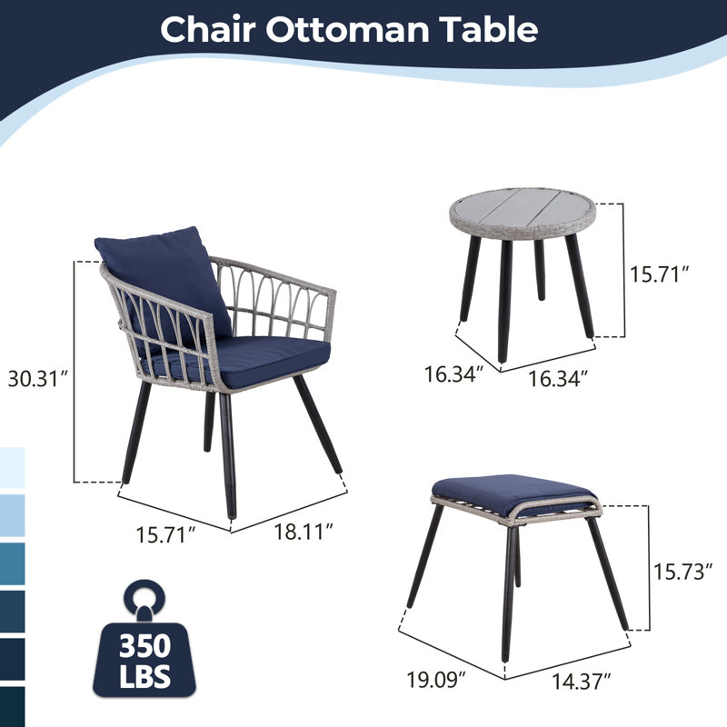 Ensemble bistro 5 pièces pour patio avec repose-pieds, Marine, Gris / Noir