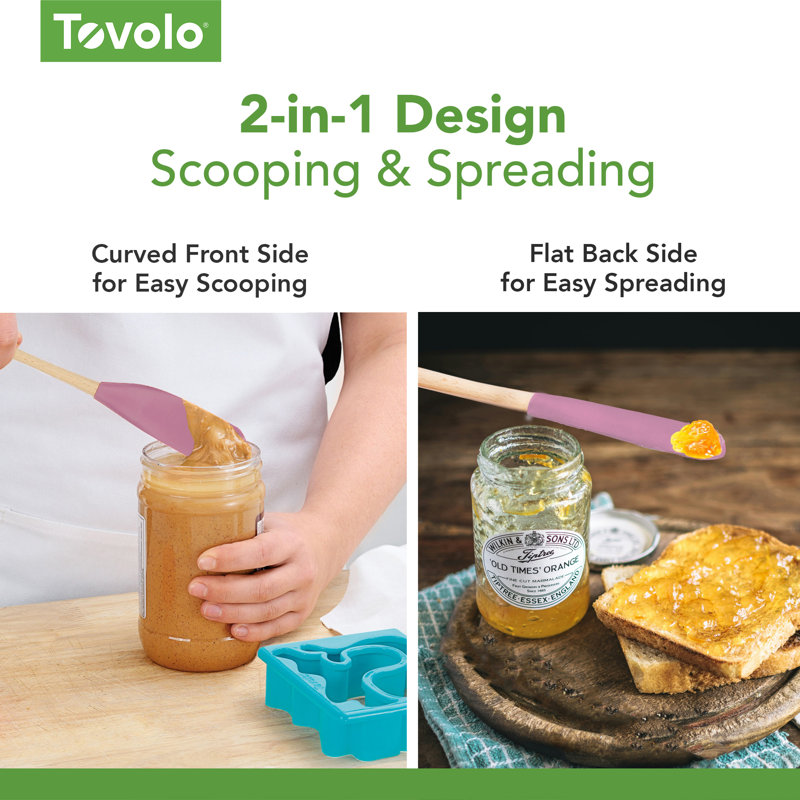 Grattoir Tovolo Flex-Core avec poignée en bois naturel pour beurre d'arachide et pots, sorbet rose