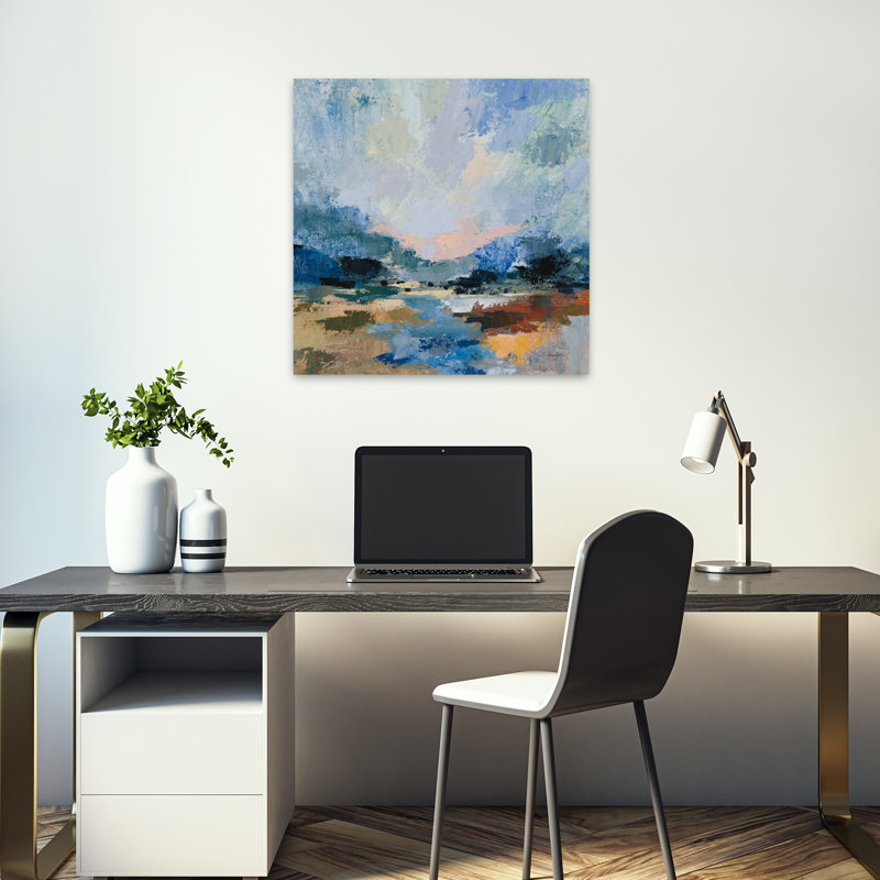 «Blue Vista I», art abstrait contemporain, H 18 po x l 18 po