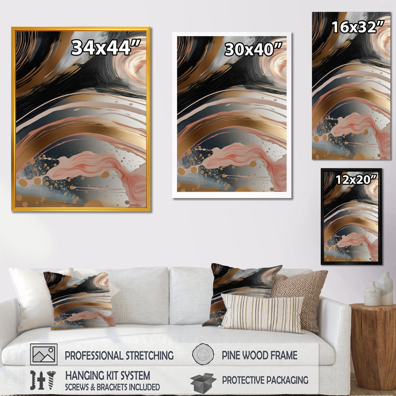 Art abstrait abstrait, encre liquide dorée III - formes abstraites, art mural, Cadre flottant noir