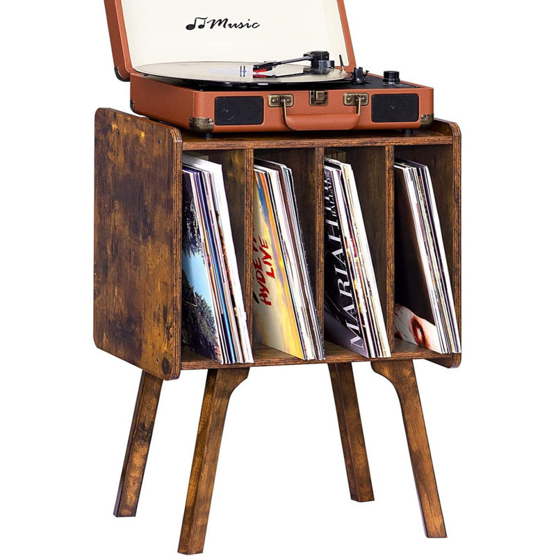 Wooden Record Stand With 4 Cabinets, Mid-Century Vinyl Record