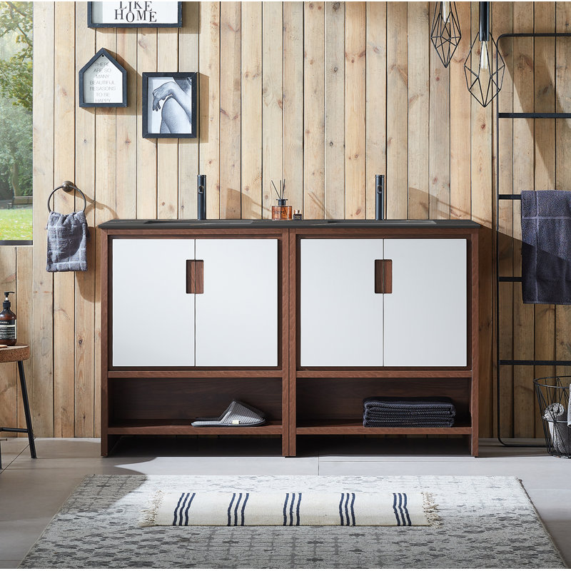 Tomesia 60" Natural Walnut Veneer plywood Bathroom Vanity with Engineered Black Stone Top, Beige/Walnut, Black