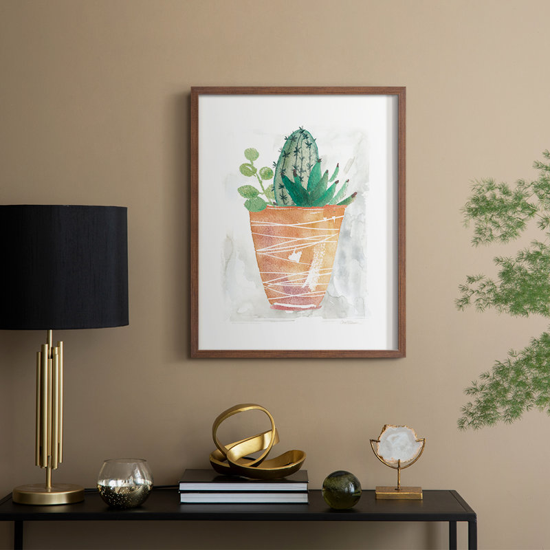 Boho Cactus, reproduction encadrée - bois massif, Noyer, H 11 po x l 9 po