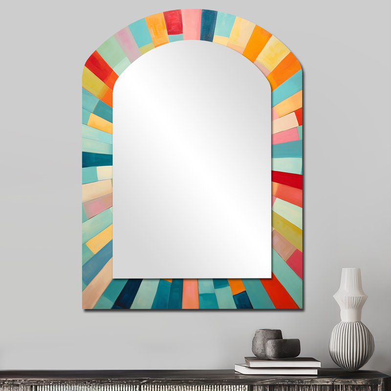 Colorful Mid Century Optical Serenade III - Midcentury Modern Arch Decorative Wall Mirror, Modern Asymmetrical Mirror, Printed Metal Art