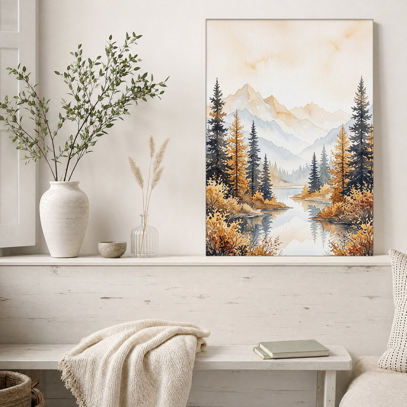 «Autumn Pine Trees and Mountain Lake», art mural sur toile, H 36 po x l 24 po
