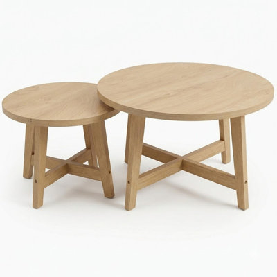 Set of 2 Round Nesting Coffee Tables, Natural Wood Finish Modern Side Tables, X-Shaped Frame Stackable End Tables for Living Room, Bedroom, Balcony