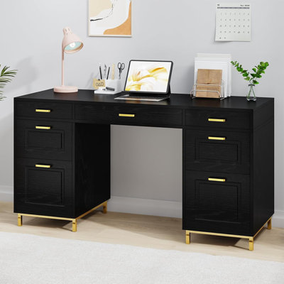 Computer Desk with 7 Drawers, 57 Inch Home Office Desk with File Drawers,Executive Desk with Golden Legs and Handles by Mercer41