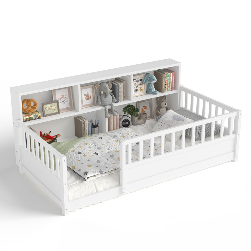 Lit simple en bois avec garde-corps de clôture et fonction de rangement latérale, Lit simple, Blanc