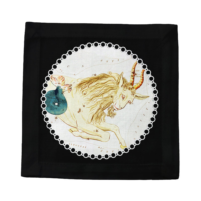 Zodiac Capricorn Cotton Sateen Cocktail Napkins, Black