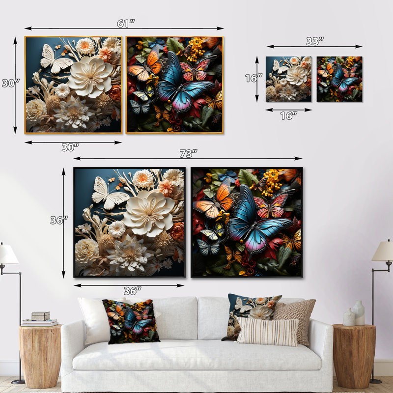 Ensemble de 2 carreaux texturés mixtes Dance - insectes et insectes, H 16 po x l 33 po, Cadre flottant blanc