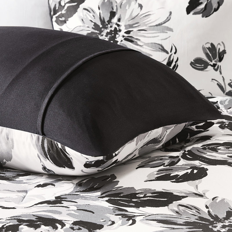 Édredon très doux pour très grand lit / très grand lit - imprimé floral noir et blanc, 2 taies décoratives, literie lavable à la machine pour un lit élégant