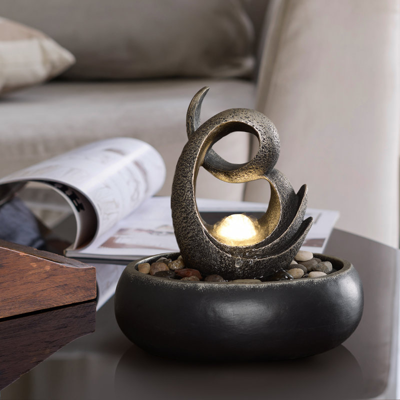 Charcoal Polyresin Tabletop Fountain with LED Light