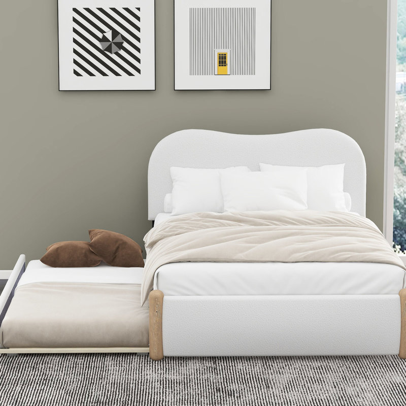 Lit plateforme simple tapissier avec structure en bois et lit gigogne, blanc - Doublure en polaire chaude de style chambre à coucher
